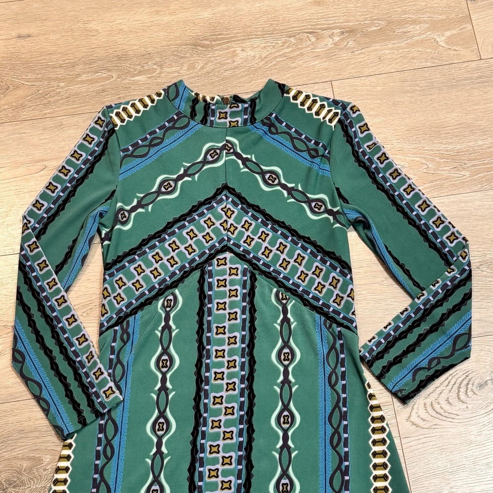 Free People Dress XS Green Stella Printed‎ Mock Neck Long Sleeve Boho Mini - Picture 3 of 9